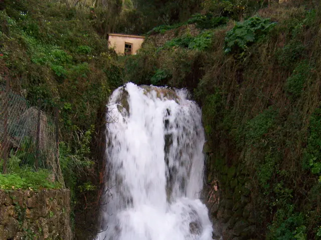 In the image we can see waterfalls, grass, stone wall, fence and a small house.