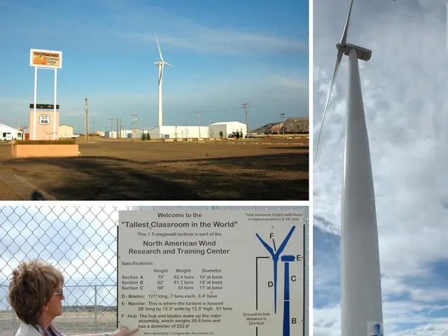 This is a collage picture. In this collage we can see windmills, electric poles, cables, buildings,...