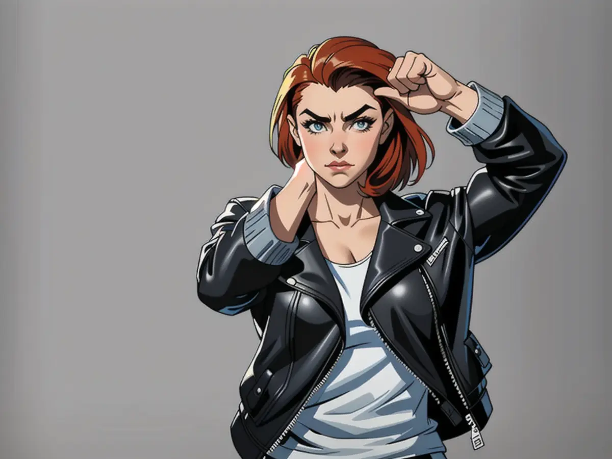Image of an attractive young woman sporting a brief haircut, makeup, and a laid-back style in a black leather jacket, posing with a cropping composition and gaze. Girl exhibiting allure with brief hairdo, makeup, and laid-back style, donned in black leather jacket, poses with a cropped composition and direct gaze.