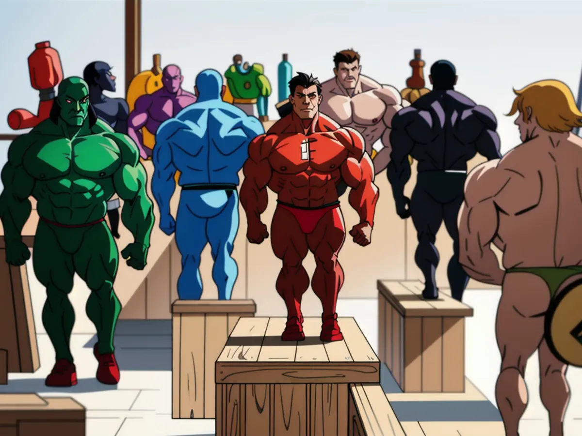 Figurines of Businessmen in Colorful Wooden Attire on Drinking Establishments