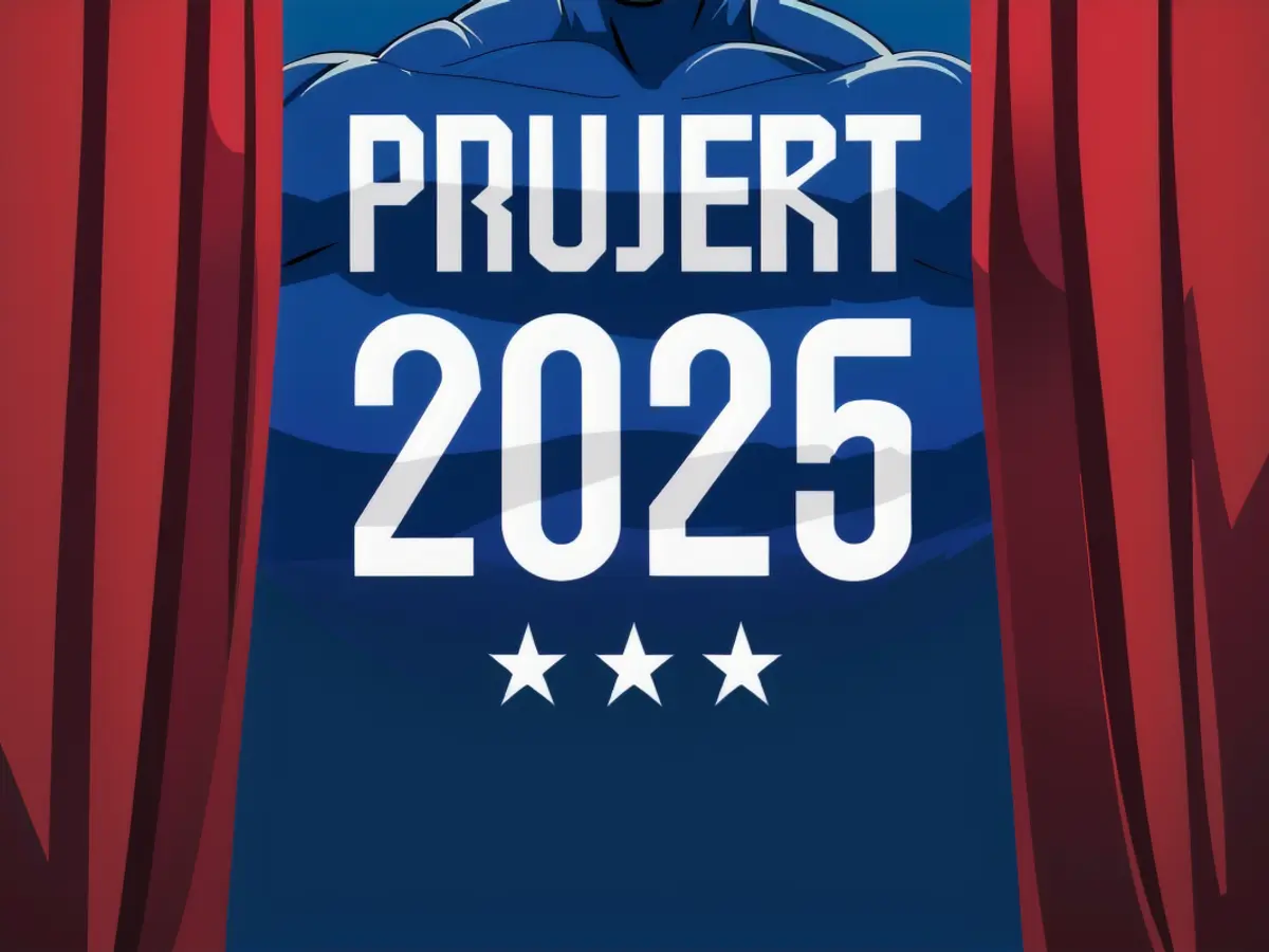 Backdrop featuring Project 2025 with crimson drapes and azure tint, embracing a patriotic color...