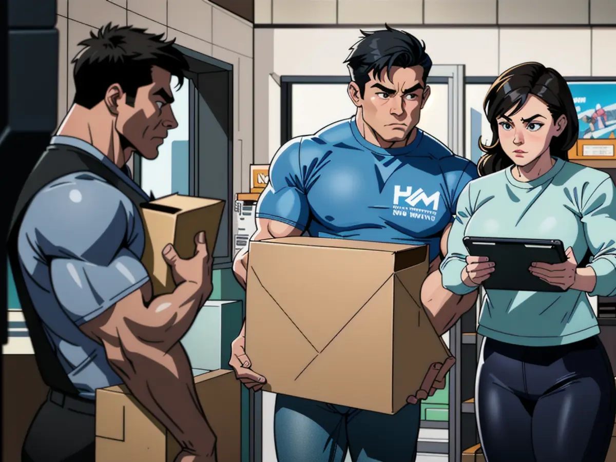 A Female Warehouse Supervisor Displays Data from a Digital Device to an Employee Carrying a...