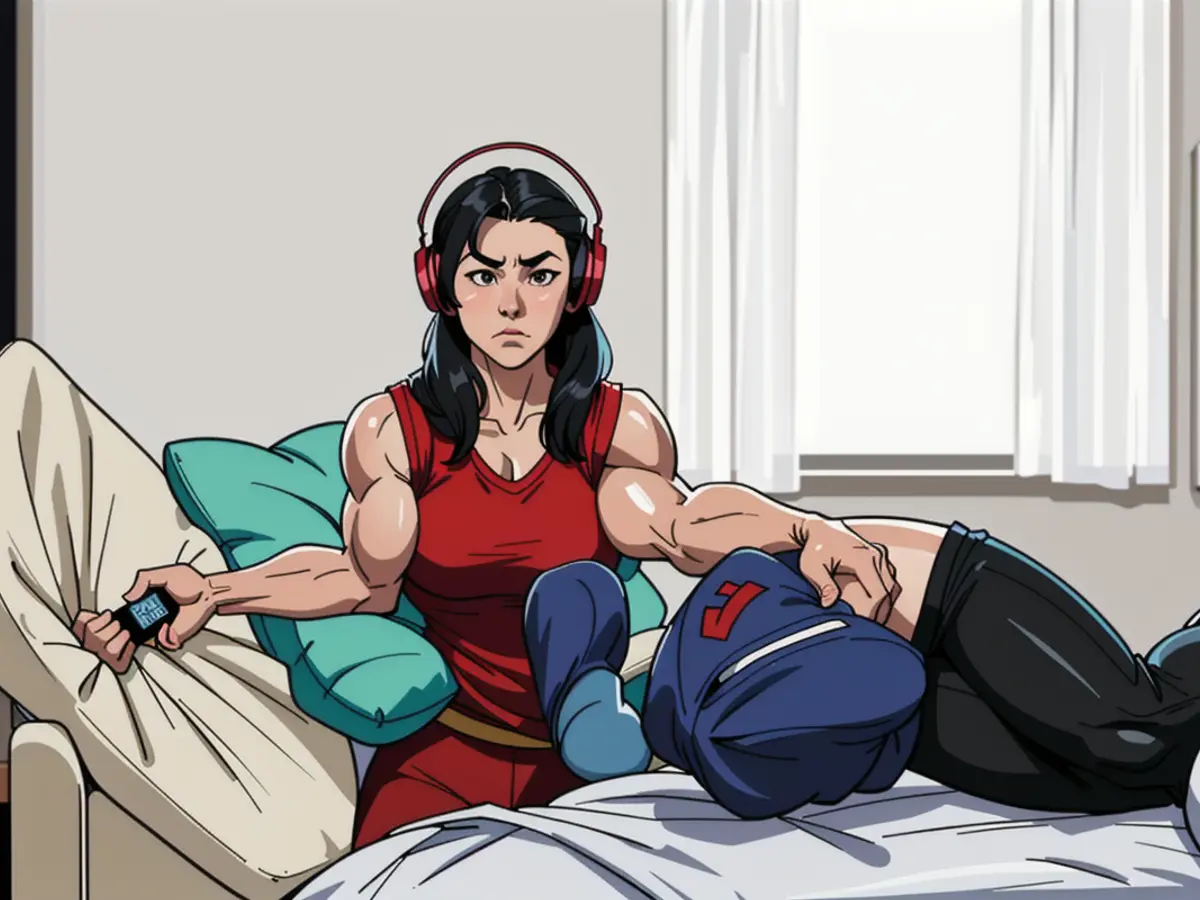 In a cozy living space, an Asian woman with Korean ancestry, casually dressed, immerses herself in...