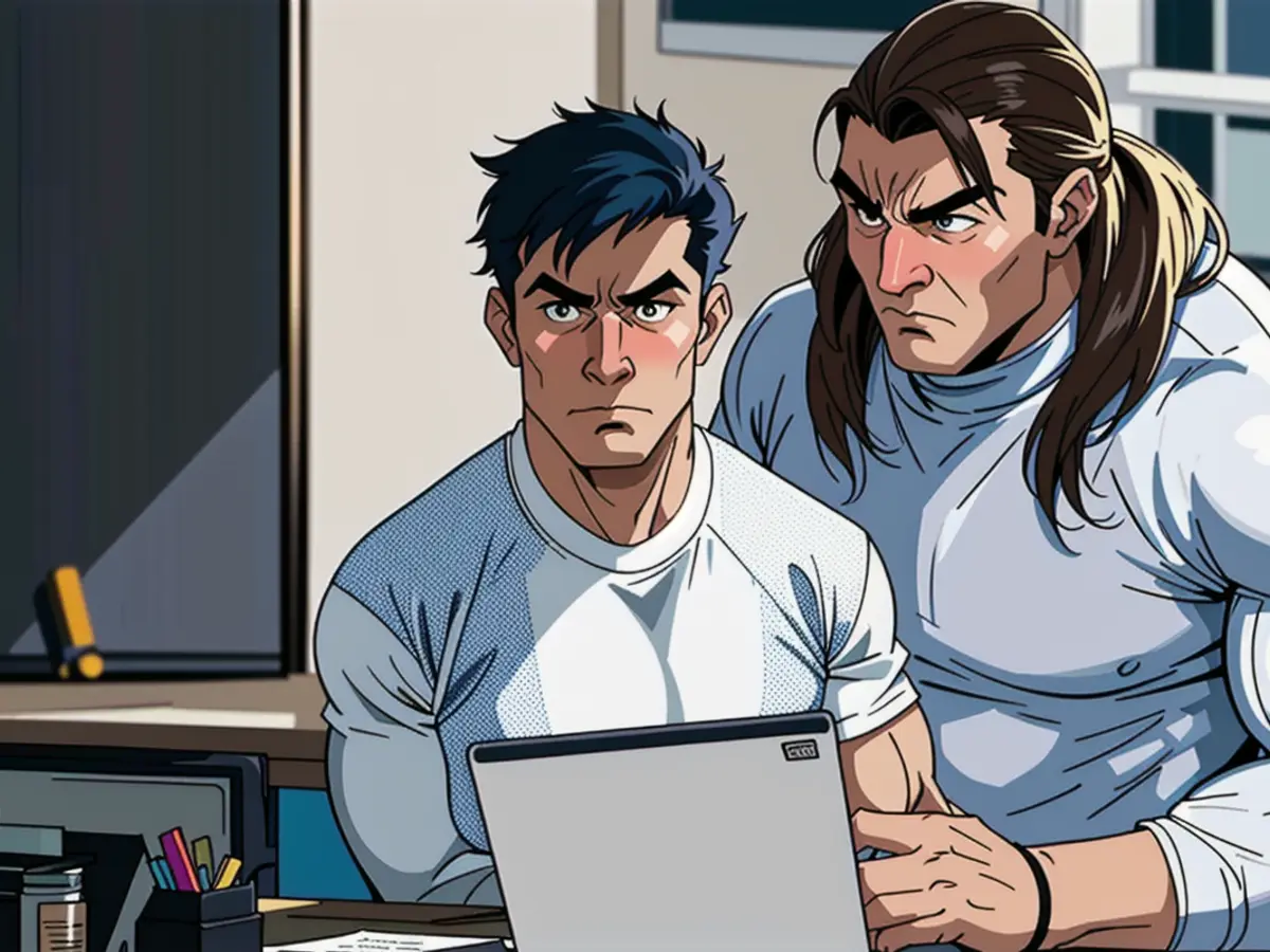 Office setting with paper, laptop, and individuals engaged in a gathering for financial planning,...