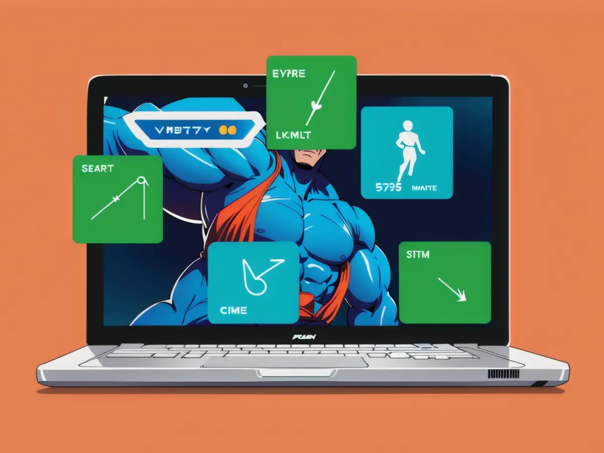 Vibrant depiction of interface graphics in multiple hues displayed on a laptop computer monitor